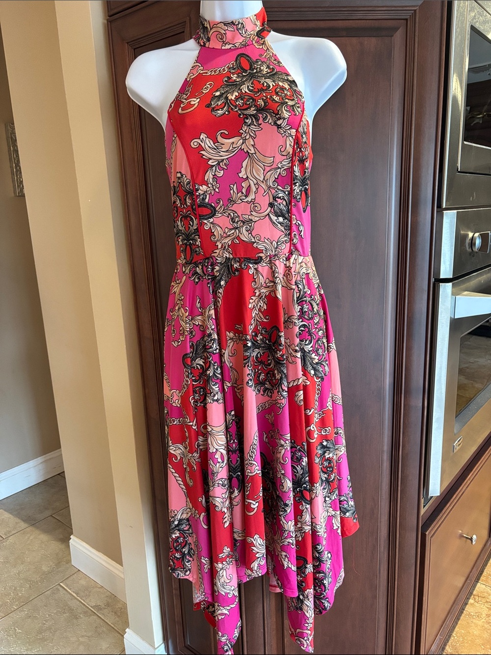 VENUS Pink and Red Halter High-Low Floral Scroll Dress
